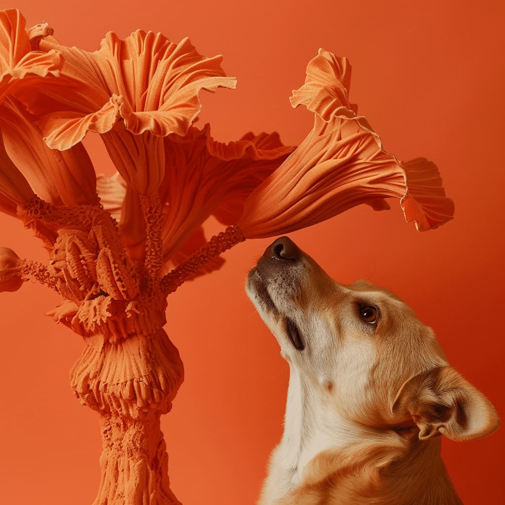 Klub Hund undersøger orange plante