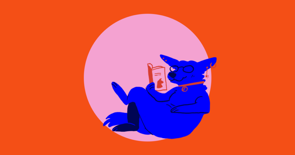 Orange grafik af en hund som sidder og læser en bog. Grafikken tilhører en artikel der omhandler gode bøger med hunde i, som man kan læse om sommeren