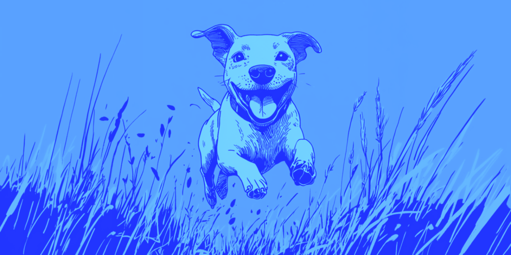 Blå illustration af hund som springer igennem græs.