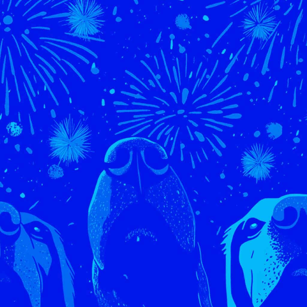 En grafik af en masse snuder der lugter op i mod himlen med en masse fyrværkeri i baggrunden nytårsaften.