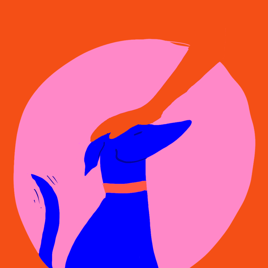 Grafik af en hund som bliver klappet på hovedet og træner med positiv forstærkning. Hunden bliver rost og logrer med halen, da den er glad.