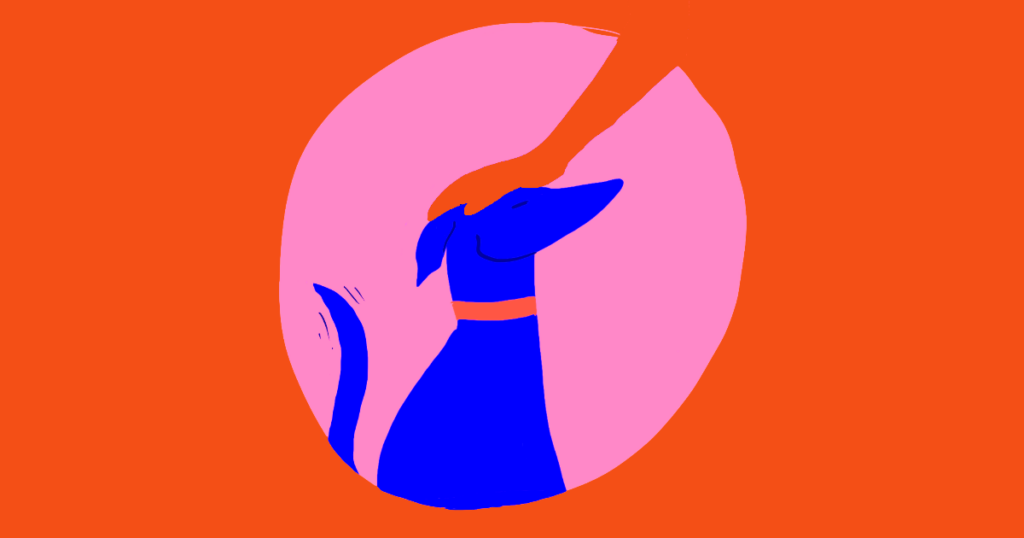 Grafik af en hund som bliver klappet på hovedet og træner med positiv forstærkning. Hunden bliver rost og logrer med halen, da den er glad.