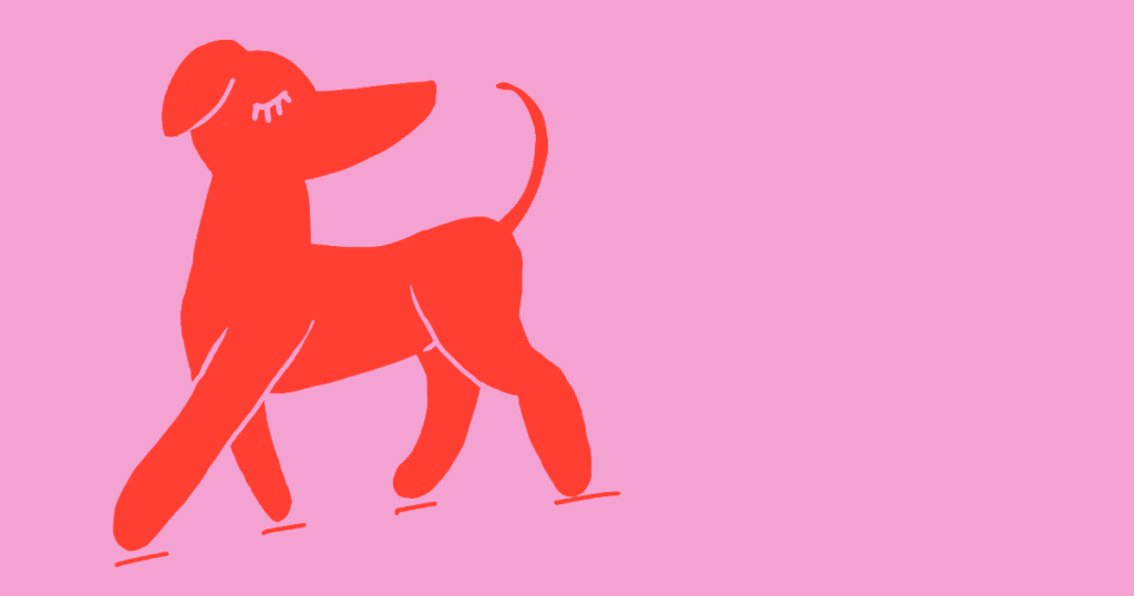 Grafik af en glad hund som er ude og gå en tur. Det er til en artikel om hvor meget mad en hund bør spise for at holde sig sund.
